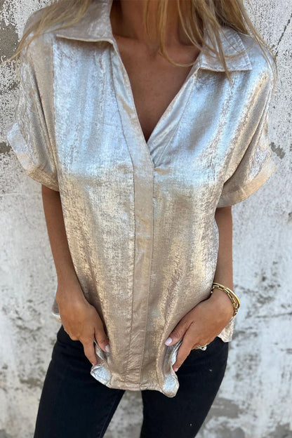 Blusa informal con cuello vuelto y estampado de patchwork en color bronce (5 colores)