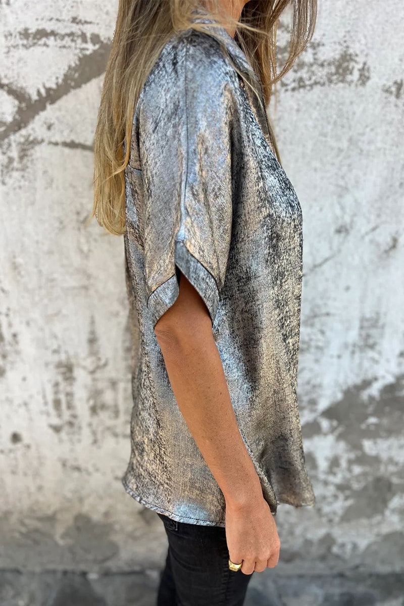 Blusa informal con cuello vuelto y estampado de patchwork en color bronce (5 colores)