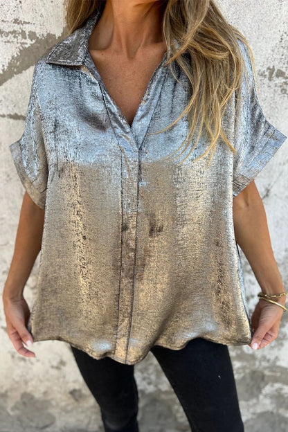 Blusa informal con cuello vuelto y estampado de patchwork en color bronce (5 colores)