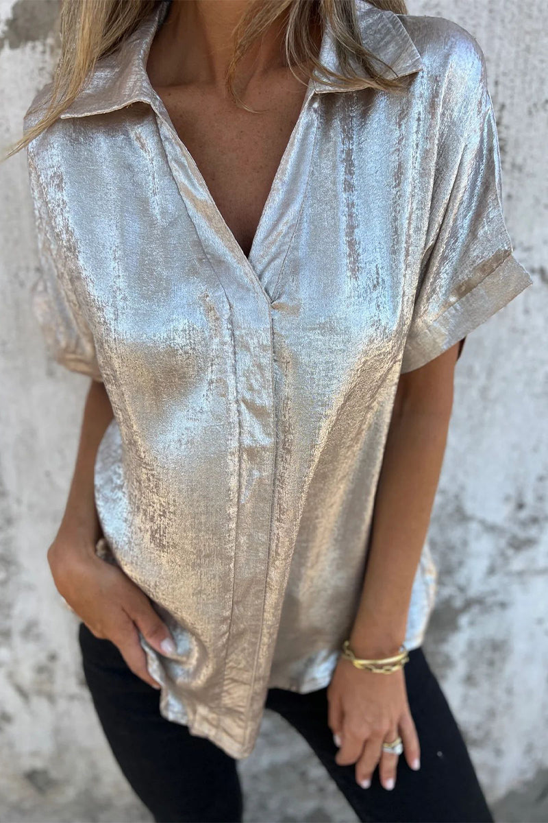 Blusa informal con cuello vuelto y estampado de patchwork en color bronce (5 colores)