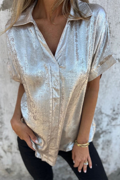 Casual Bronzing Pattern Patchwork Turndown Collar Blouses(5 Colors)