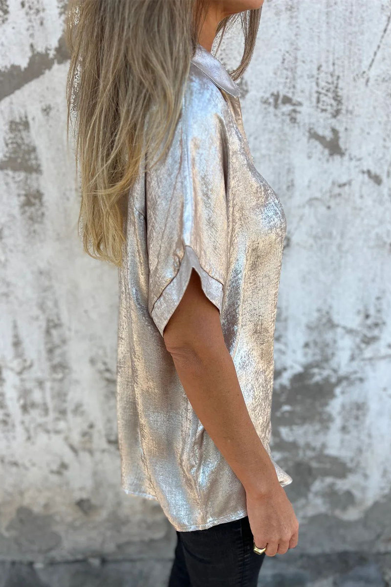 Blusa informal con cuello vuelto y estampado de patchwork en color bronce (5 colores)