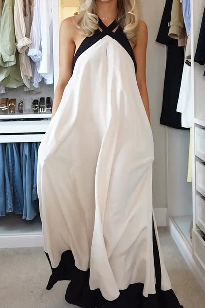 Casual Patchwork Contrast Halter Long Dresses