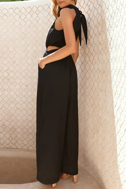 Casual Hollow Out Pocket Halter Loose Jumpsuits(4 Colors)