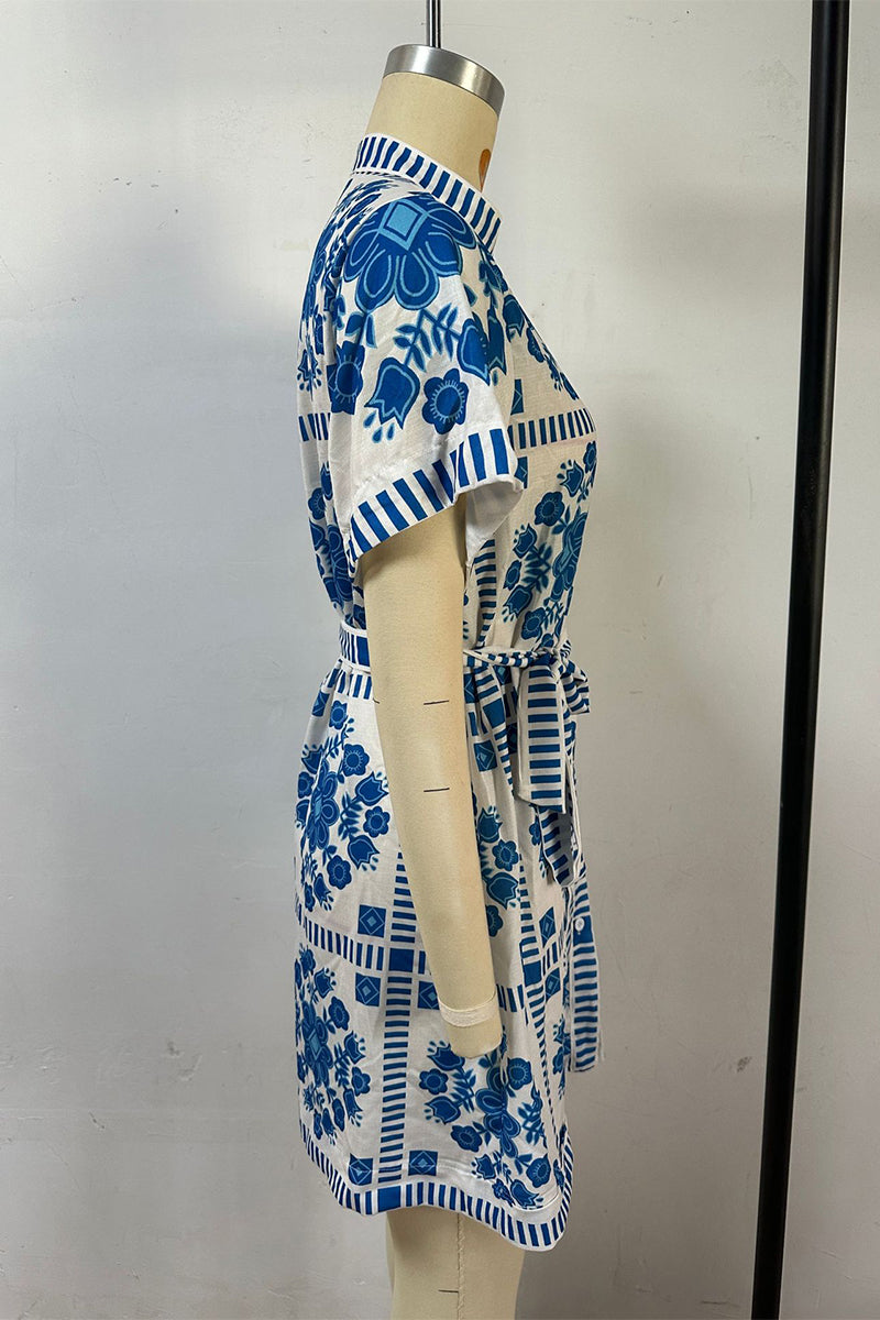 Vestido informal de manga corta con cuello mandarín, botones y cordones, estampado de bloques de color en contraste