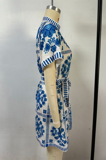 Vestido informal de manga corta con cuello mandarín, botones y cordones, estampado de bloques de color en contraste