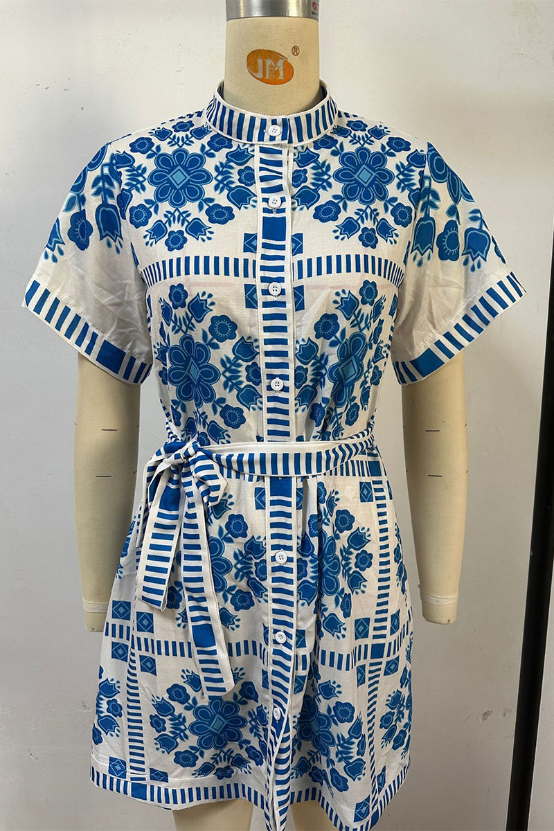Vestido informal de manga corta con cuello mandarín, botones y cordones, estampado de bloques de color en contraste