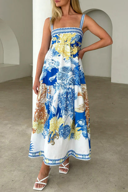 Vestidos de tirantes con escote cuadrado, bolsillos y estampado floral bohemio