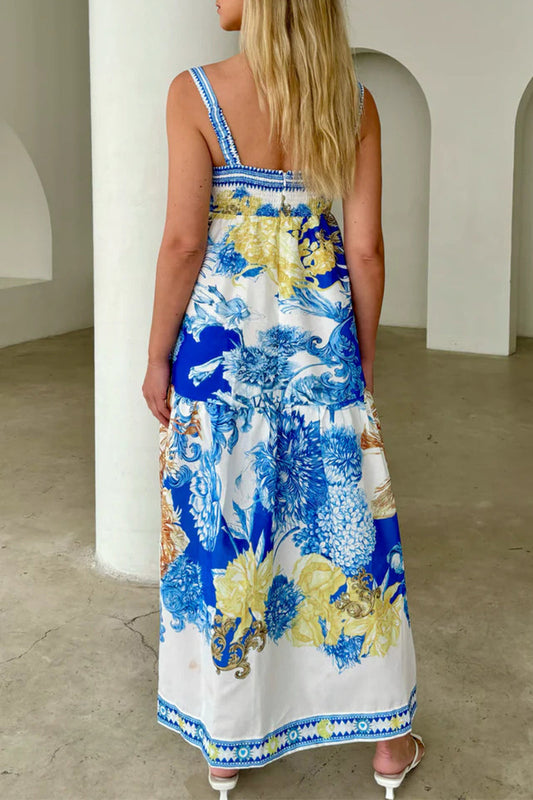 Vestidos de tirantes con escote cuadrado, bolsillos y estampado floral bohemio