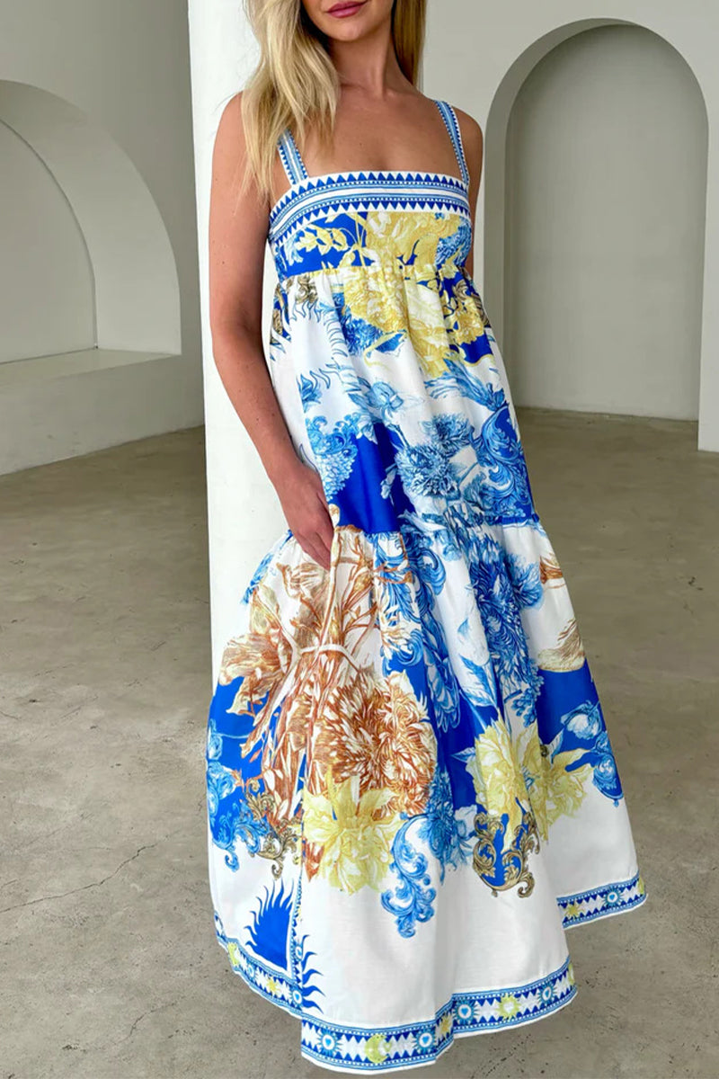 Vestidos de tirantes con escote cuadrado, bolsillos y estampado floral bohemio
