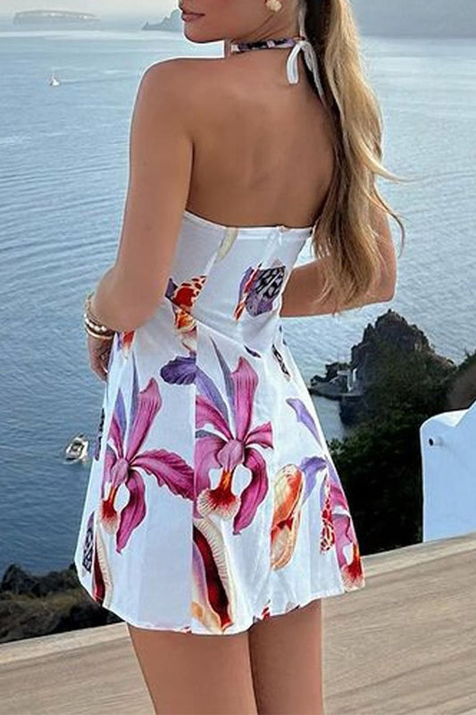 Sexy Graffiti Print Patchwork Contrast Halter Printed Dresses