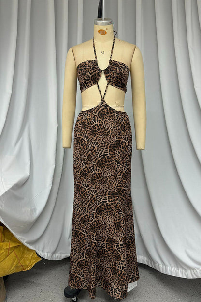 Sexy Leopard Backless Strap Design Halter Irregular Dresses