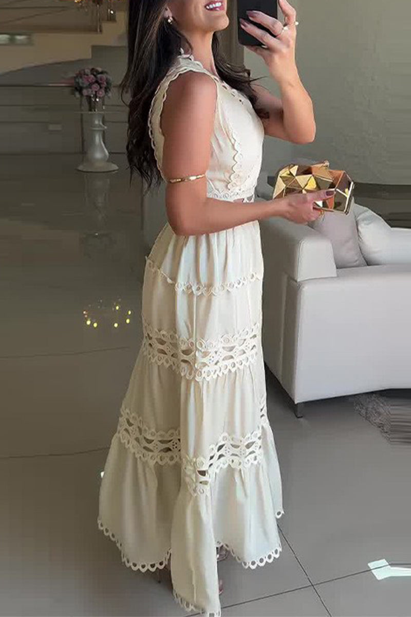 Casual Embroidered Hollow Out V Neck Sleeveless Dresses