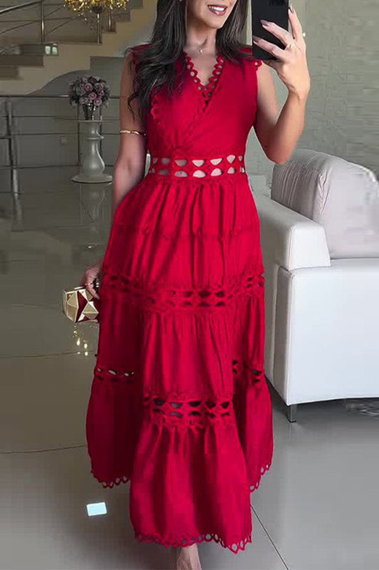 Casual Embroidered Hollow Out V Neck Sleeveless Dresses