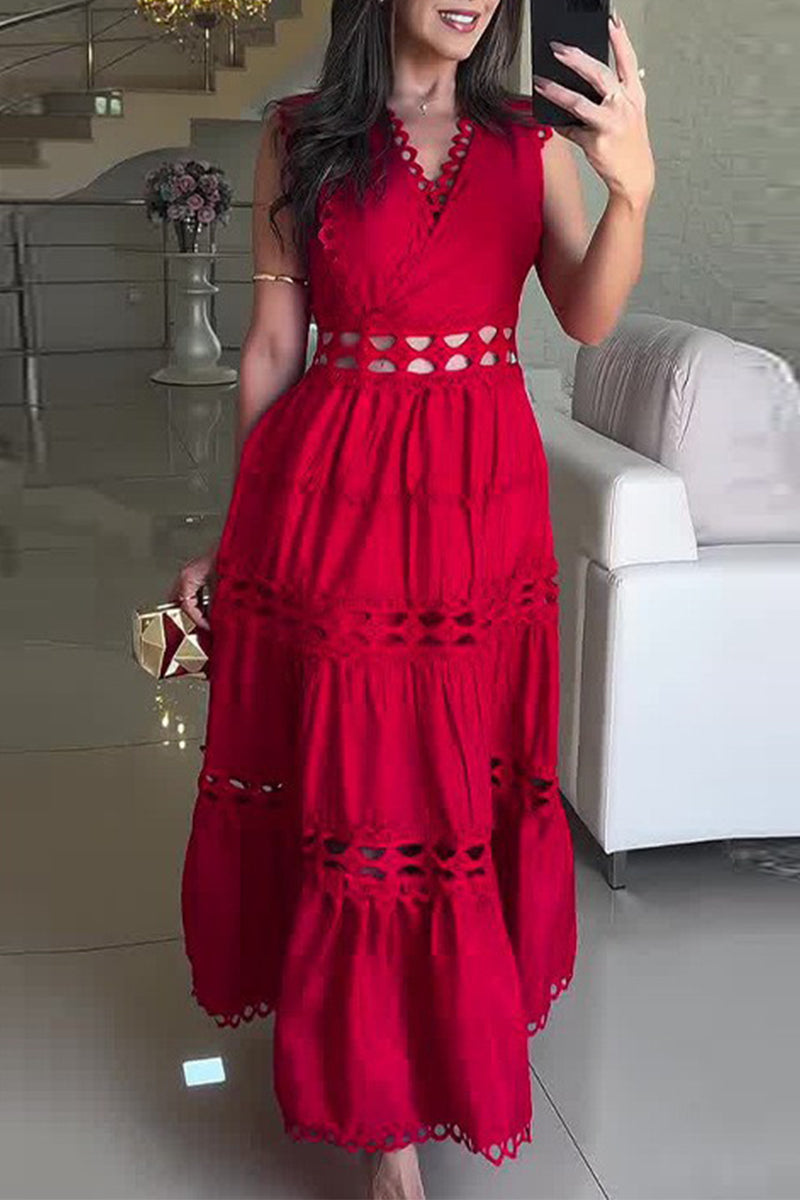 Casual Embroidered Hollow Out V Neck Sleeveless Dresses