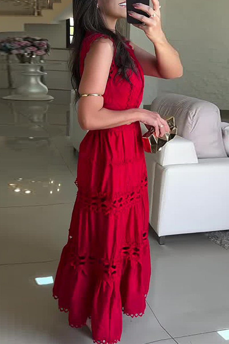 Casual Embroidered Hollow Out V Neck Sleeveless Dresses