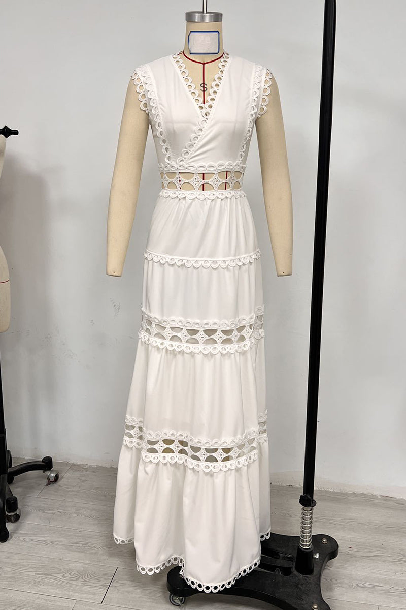 Casual Embroidered Hollow Out V Neck Sleeveless Dresses