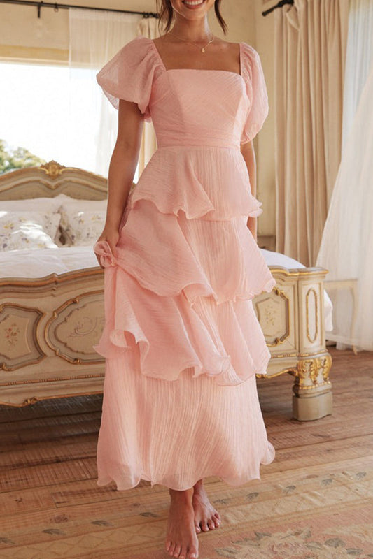 Casual Backless Flounce Square Neck Cake Skirt Dresses