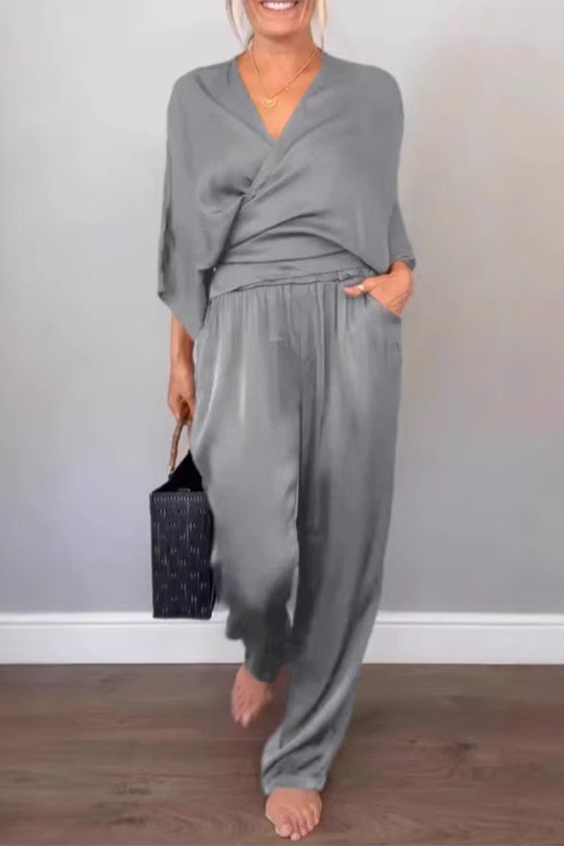 Conjunto informal de dos piezas con cuello en V y bolsillo (7 colores)