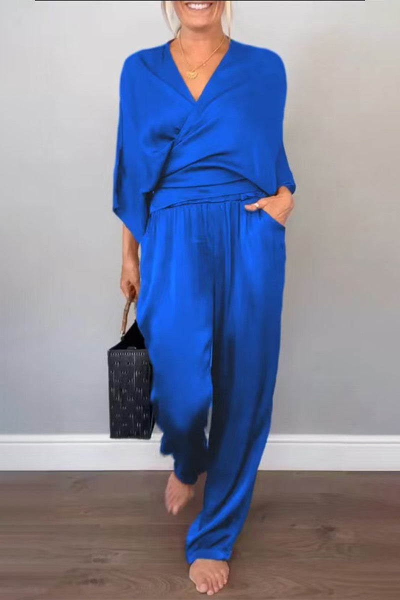 Conjunto informal de dos piezas con cuello en V y bolsillo (7 colores)