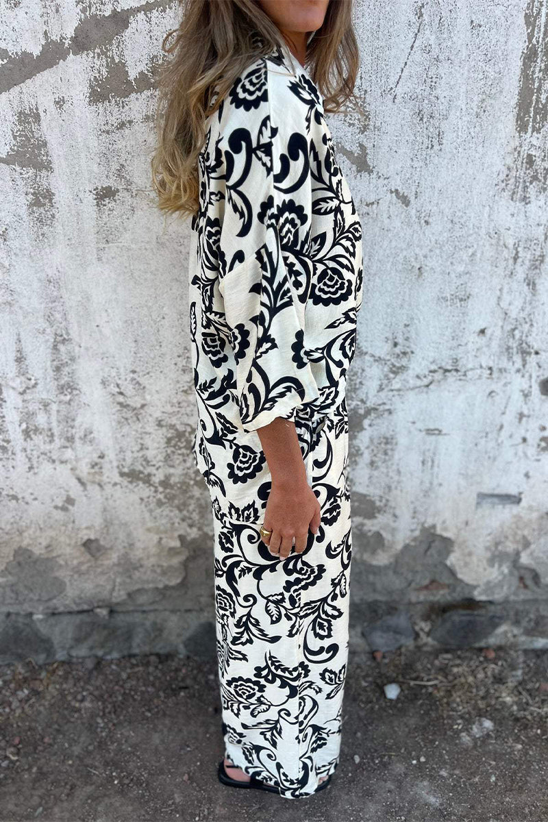 Casual Floral Print Pocket Contrast Turndown Collar Three Quarter Two Pieces