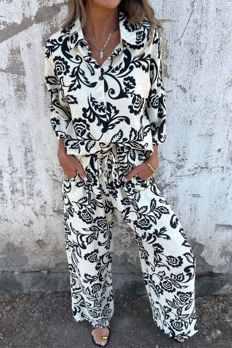 Casual Floral Print Pocket Contrast Turndown Collar Three Quarter Two Pieces