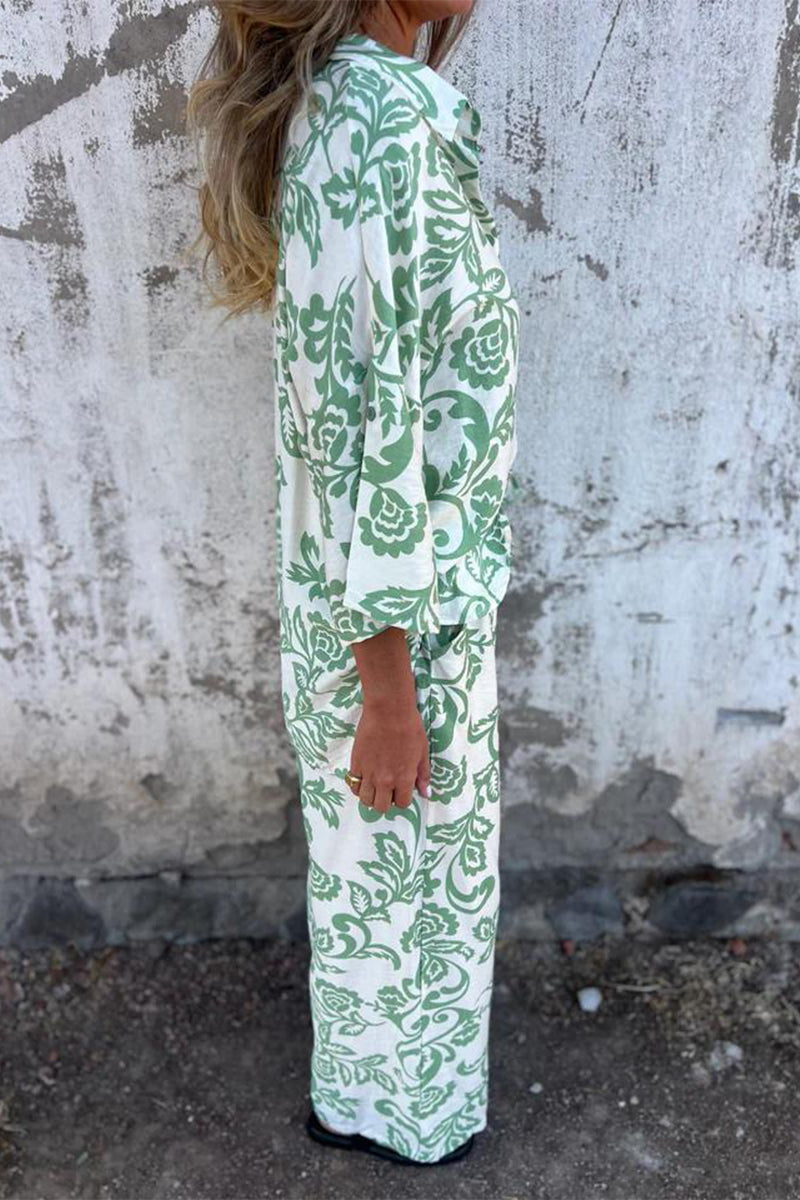 Casual Floral Print Pocket Contrast Turndown Collar Three Quarter Two Pieces