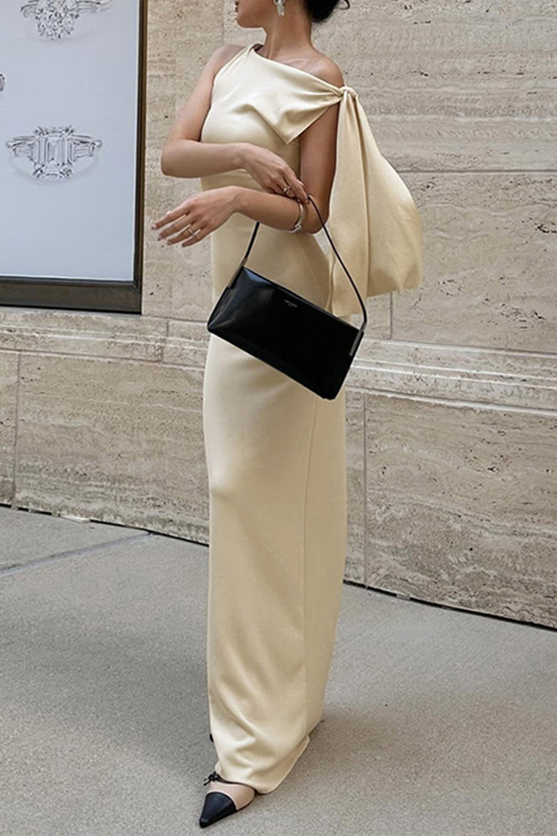 Sexy Solid Color Lace Up Irregular Sloping Shoulder Long Dresses