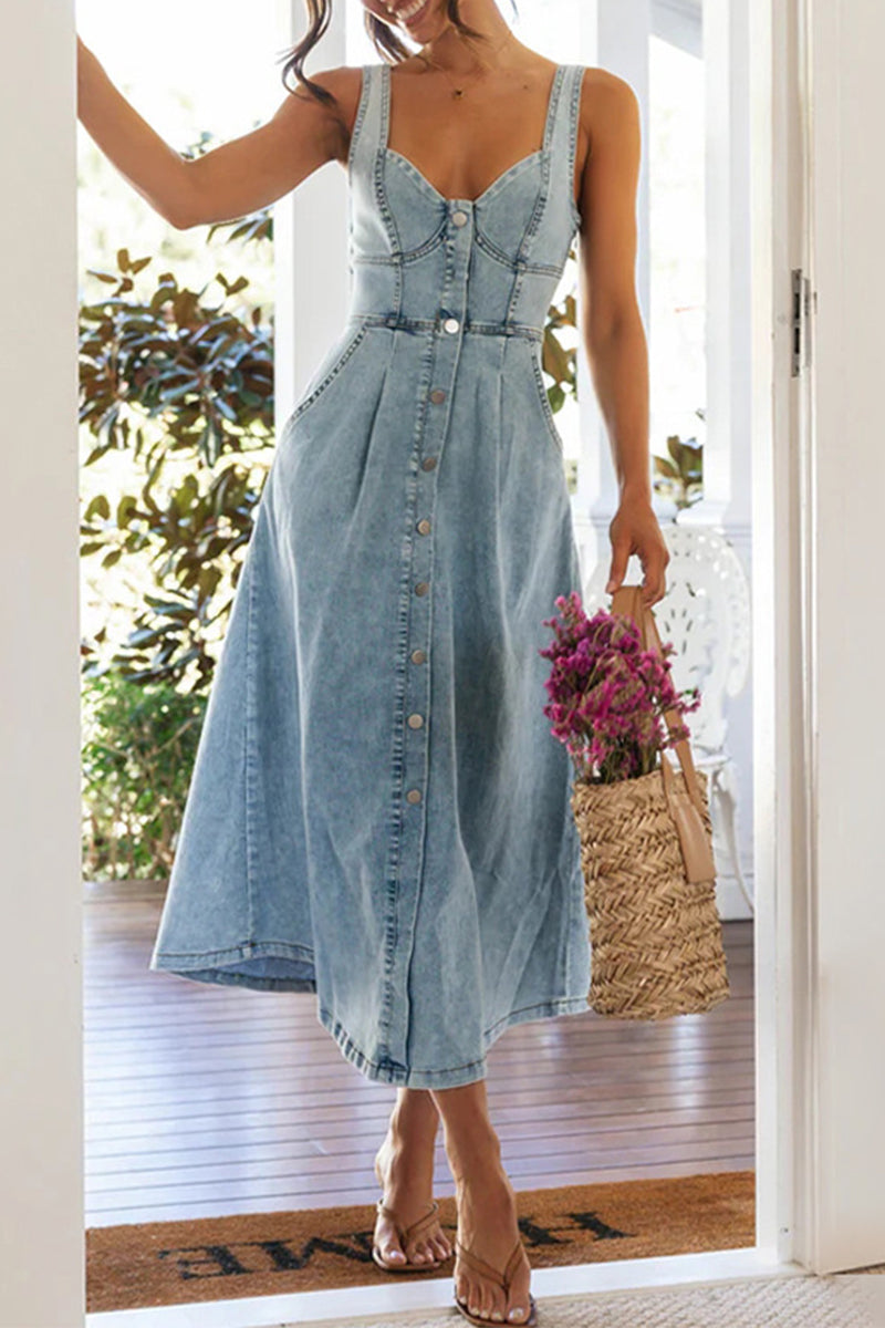 Elegant Solid Color Buttons Patchwork V Neck Sleeveless Denim Dresses