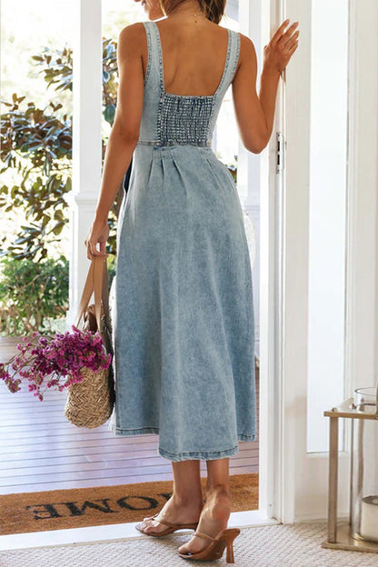 Elegant Solid Color Buttons Patchwork V Neck Sleeveless Denim Dresses