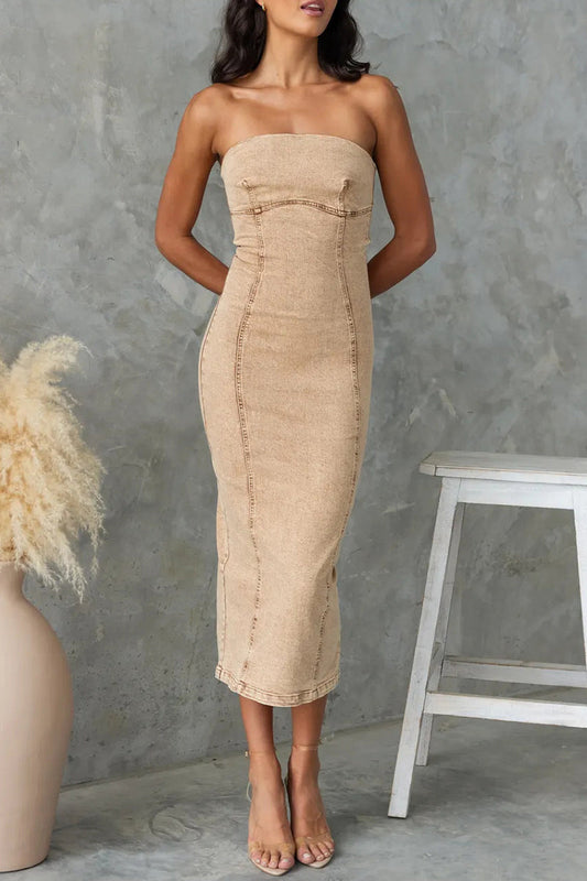 Sexy Solid Color Slit Zipper Strapless Sleeveless Skinny Denim Dresses