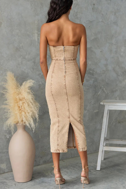 Sexy Solid Color Slit Zipper Strapless Sleeveless Skinny Denim Dresses