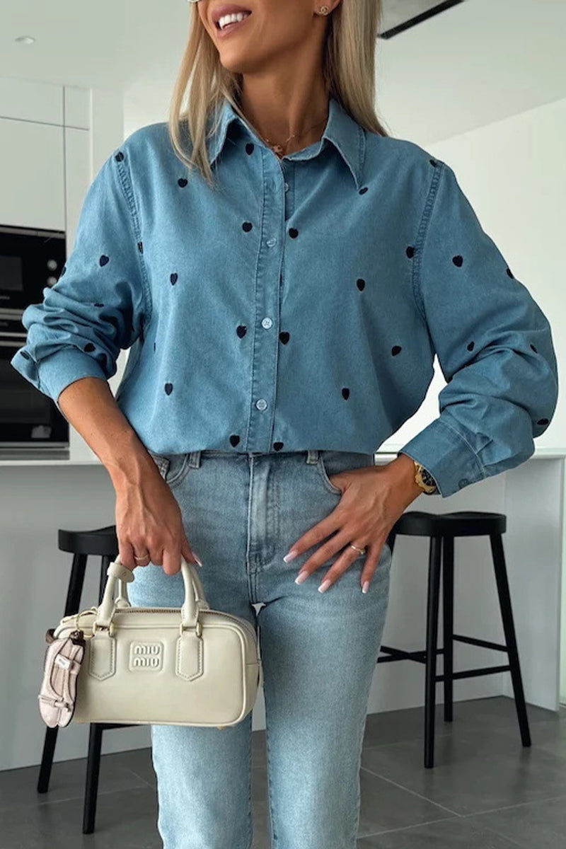 Casual Heart Shaped Buttons Turndown Collar Tops