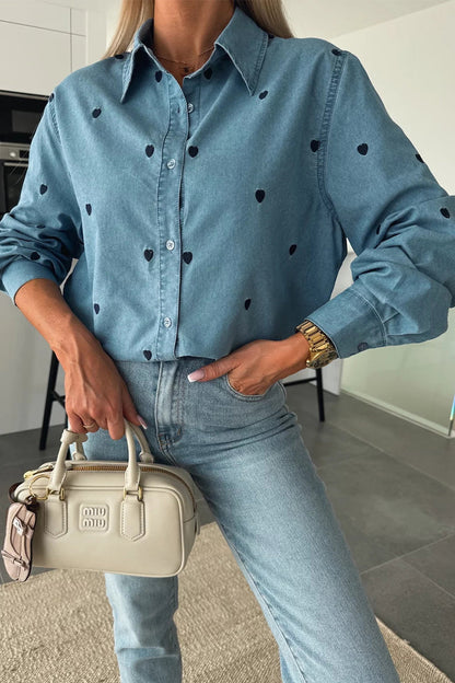 Casual Heart Shaped Buttons Turndown Collar Tops