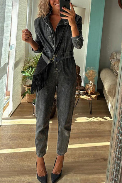 Casual Solid Color Distressed Pocket Buckle O Neck Long Sleeve Regular Denim Jumpsuits