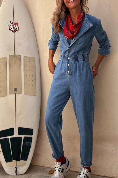 Casual Solid Color Distressed Pocket Buckle O Neck Long Sleeve Regular Denim Jumpsuits