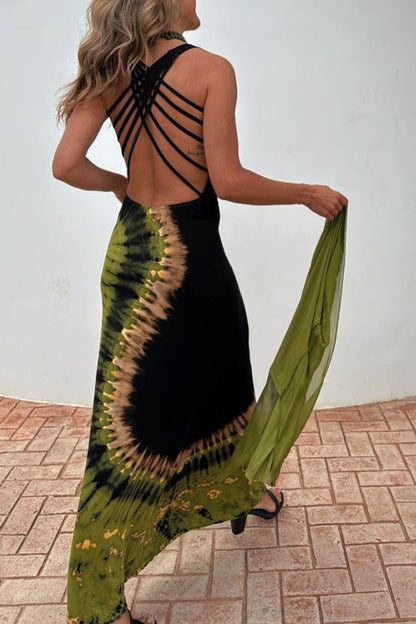 Vestidos largos sexis con escote en U, espalda descubierta y efecto tie-dye (sin accesorios)