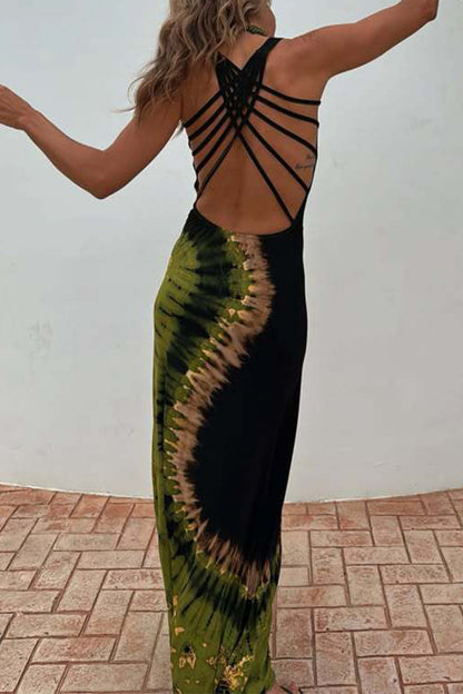 Vestidos largos sexis con escote en U, espalda descubierta y efecto tie-dye (sin accesorios)