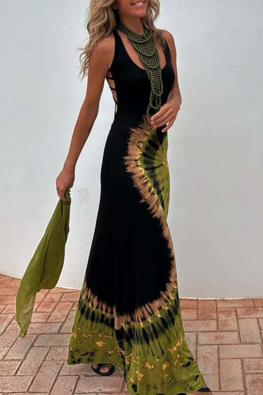 Sexy Tie Dye Backless Contrast U Neck Long Dresses(No accessories)