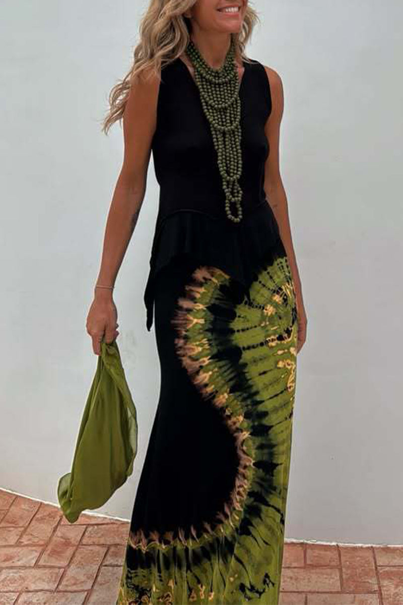 Vestidos largos sexis con escote en U, espalda descubierta y efecto tie-dye (sin accesorios)