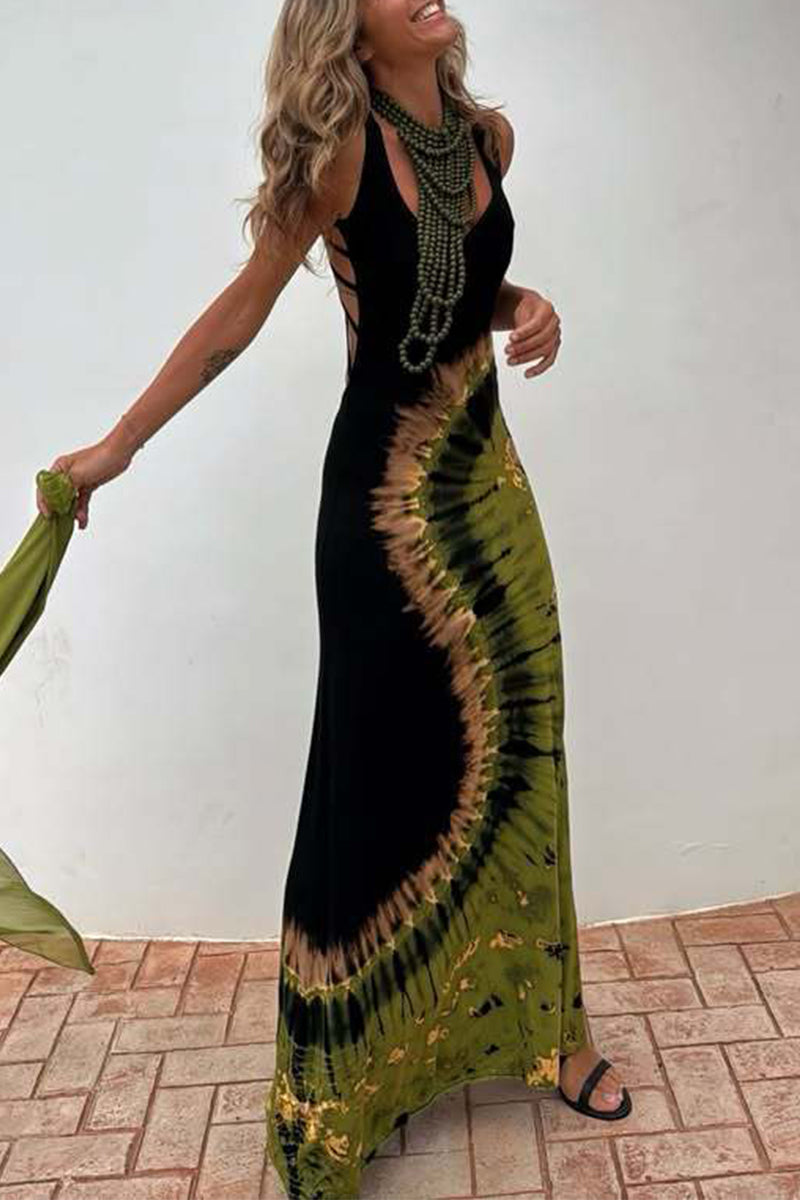 Vestidos largos sexis con escote en U, espalda descubierta y efecto tie-dye (sin accesorios)