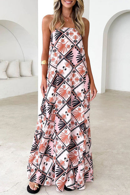 Vacation Floral Print Zipper Contrast Strapless Long Dresses