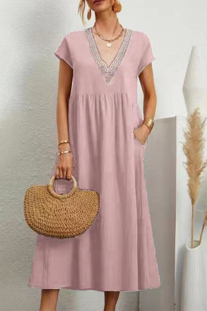 Casual Solid Color Pocket V Neck Short Sleeve Short Sleeve Dress
