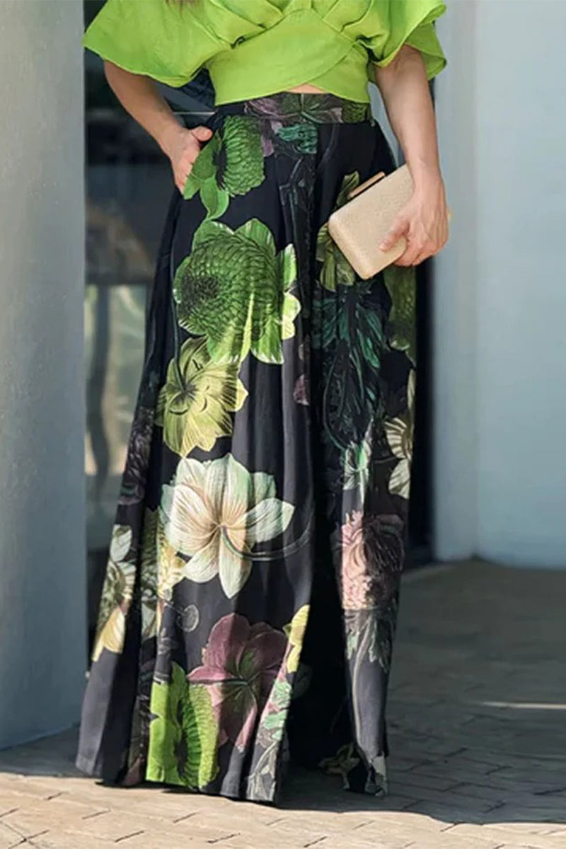 Casual Floral Print Pocket Contrast V Neck Short Sleeve Two Pieces