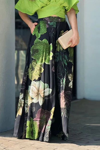 Casual Floral Print Pocket Contrast V Neck Short Sleeve Two Pieces