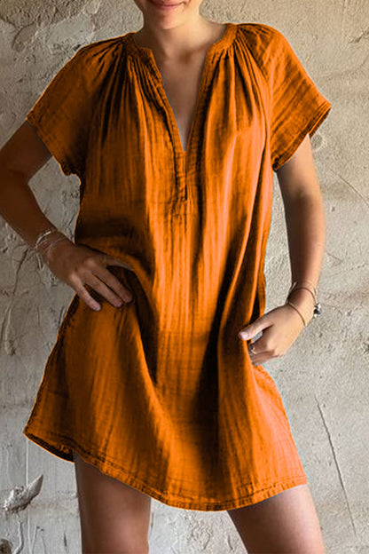 Casual Solid Color Patchwork Ruched V Neck Short Sleeve Short Sleeve Dress