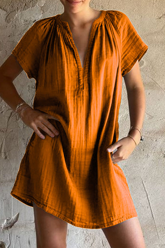 Casual Solid Color Patchwork Ruched V Neck Short Sleeve Short Sleeve Dress