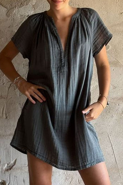 Casual Solid Color Patchwork Ruched V Neck Short Sleeve Short Sleeve Dress