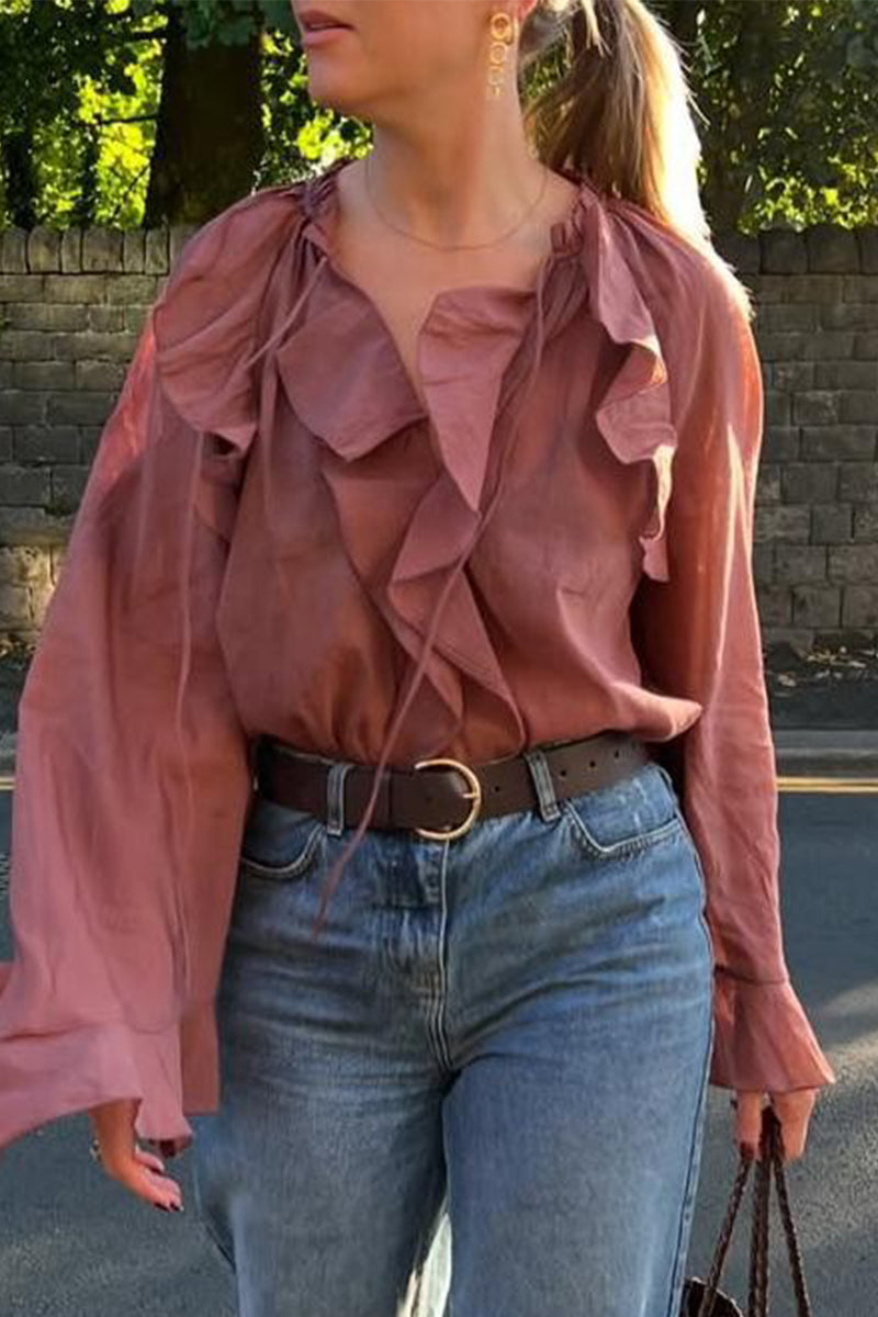 Casual Solid Color Lace Up Flounce V Neck Tops