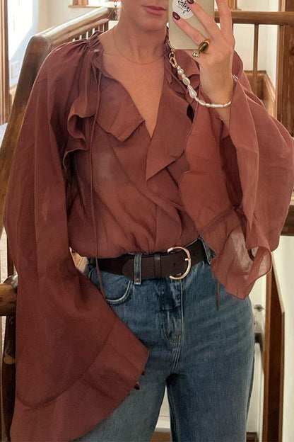 Casual Solid Color Lace Up Flounce V Neck Tops